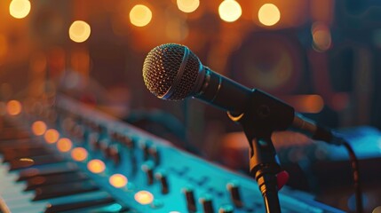 Professional condenser studio microphone over the musician blurred background and audio mixer, Musical instrument Concept