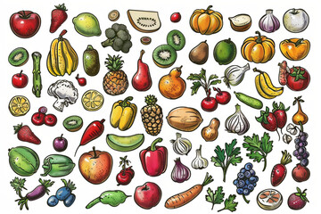 Big set of fruits and vegetables doodle on a white background. Vegetarian healthy food, isolated sketches for the menu of restaurants