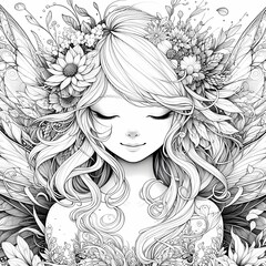 Fototapeta premium Whimsical Fantasy Garden Fairy Coloring Page White Ink, Ultra Cute Portrait