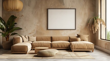 A contemporary living room with earthy tones and a comfortable sectional sofa, featuring an empty frame on the wall for personalization.