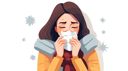 Vector flat young sick girl suffering from rhinitis