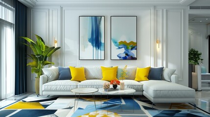 A contemporary living room with blue and yellow accent pillows on a neutral sofa, complemented by a geometric rug and abstract artwork, exuding modern elegance and comfort.