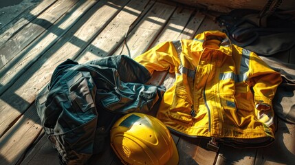 Protective clothing and a helmet on wooden floor.
