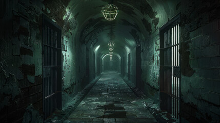 Dim, narrow passageways lead through the shadowy depths of the prison.