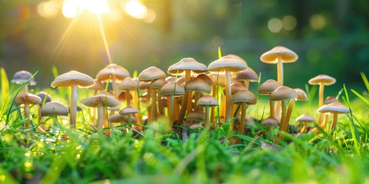 Psilocybe Cubensis Golden Ticher Mushrooms in Sunlit Grass.