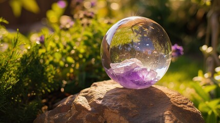 Beautiful glass ball with panoramic view. Mystical Crystal Orb. Generative AI