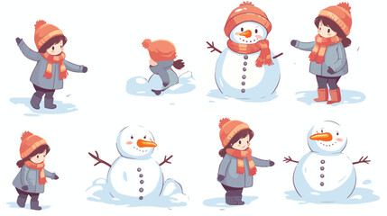 vector girl making big snowball boy making snowman