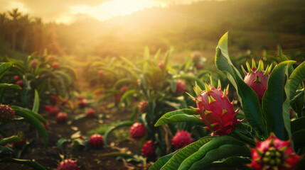Fruit-bearing pitaya plants thrive in open fields under natural sunlight.