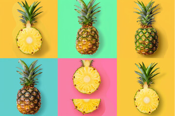 Bright vector illustration of pineapple whole and slices on a colored background. set vector icon, white background, black colour icon