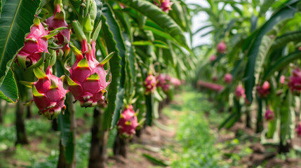 Rows of dragon fruit trees stretch across the farm in Thailand. The juicy, ripe dragon fruit hang on the trees, ready to be picked and sold.