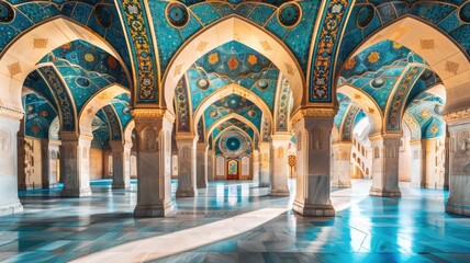 Obraz premium Intricate blue and gold decorated ceiling pillars in grand, spacious hall with arches