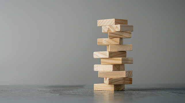 Stack of wooden blocks forming a tall Jenga tower on a gray backdrop.