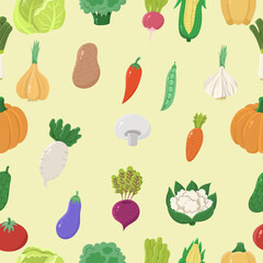 Seamless pattern with vegetables on a light green background. Simple flat background