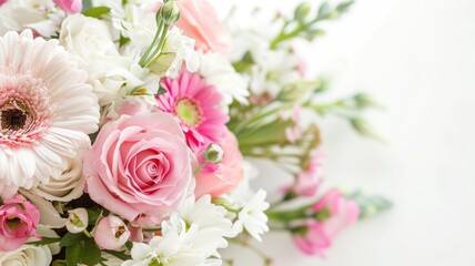 Beautiful bouquet of mixed flowers, including roses and daisies, on white background