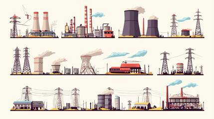 Vector heavy and power industry flat line icons set