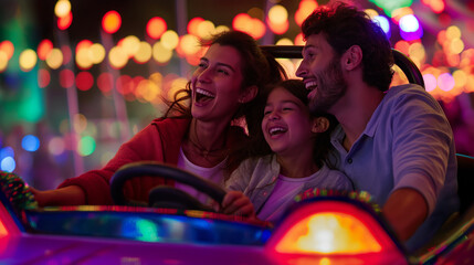 A family laughing together on a bumper car ride, with vibrant lights in the background. Dynamic and dramatic composition, with cope space