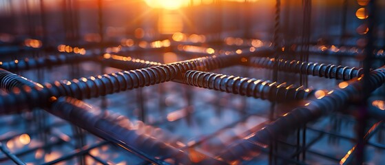 Black steel rebar frame for concrete pouring at a construction site. Close up of a blueprint mesh in the form of an L shape, with a focus on the iron grid, in the style of a building materials concept