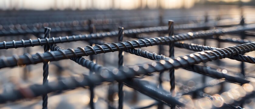 Black steel rebar frame for concrete pouring at a construction site. Close up of a blueprint mesh in the form of an L shape, with a focus on the iron grid, in the style of a building materials concept