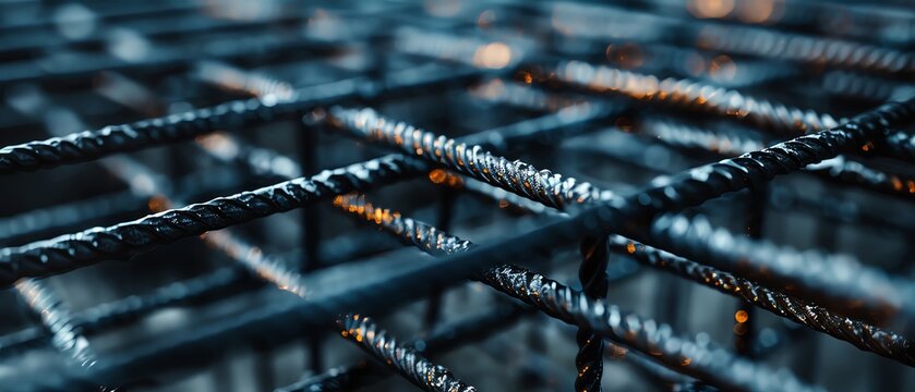 Black steel rebar frame for concrete pouring at a construction site. Close up of a blueprint mesh in the form of an L shape, with a focus on the iron grid, in the style of a building materials concept