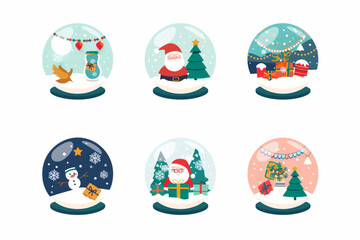 Christmas snow globe flat icons set. Crystal snowball with winter landscape, Santa Claus with presents, angel and letter. 