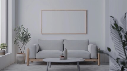 A cozy living room with a minimalist decor, featuring an empty mockup frame on a white wall.