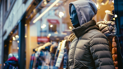 Outdoor clothes showcase. Mannequin in the outdoor apparel store. Collection of various travelling wear for sale.