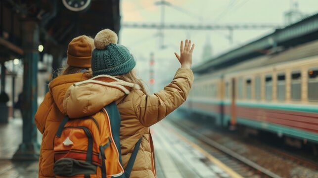 An emotional farewell at the train station as a young girl waves goodbye to a boy, showcasing the heartfelt emotions and bittersweet nature of their goodbyes. Girl waving to a boy