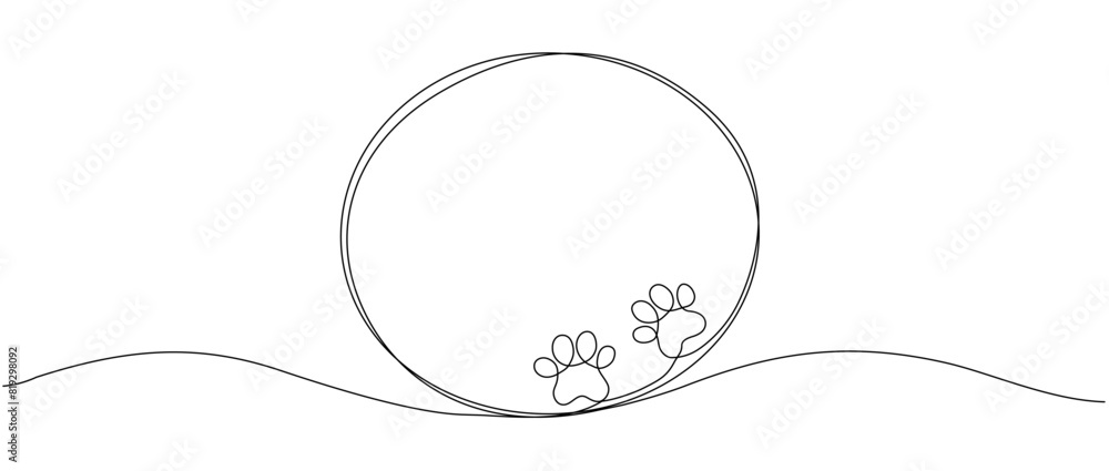 Poster black circle with dog or cat paw print design drawn with a continuous line. single line frame icon w