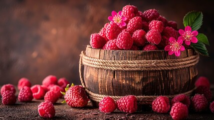   A wooden basket brimming with raspberries rests beside a bountiful cluster of raspberries on a...