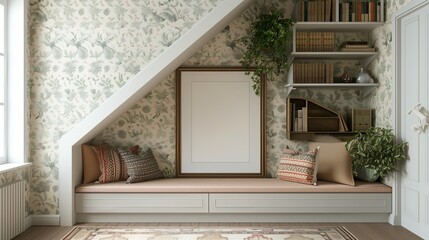 A cozy nook under the stairs with built-in storage and a reading bench, featuring an empty mockup frame on a patterned wallpapered wall.