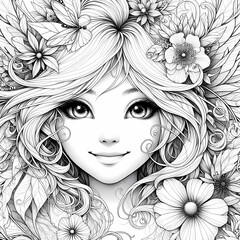 Whimsical Fantasy Garden Fairy Coloring Page White Ink, Ultra Cute Portrait