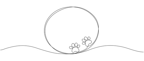 Black circle with dog or cat paw print design drawn with a continuous line. Single line frame icon with paw print vector editable line illustration © Sviatlana