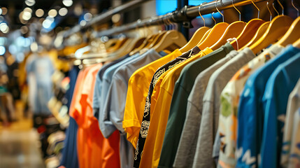 Various shirt showcase on hanger. Diverse apparel collection for sale at clothing store in the mall.