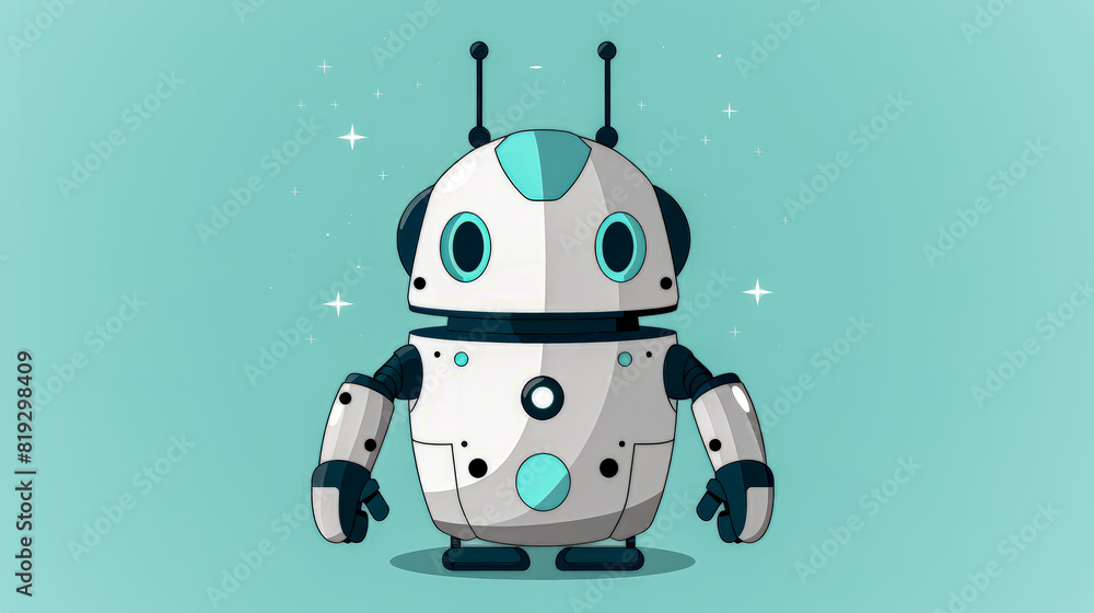 Poster a robot with a smile on its face stands on a blue background. the robot is orange and has two ears a