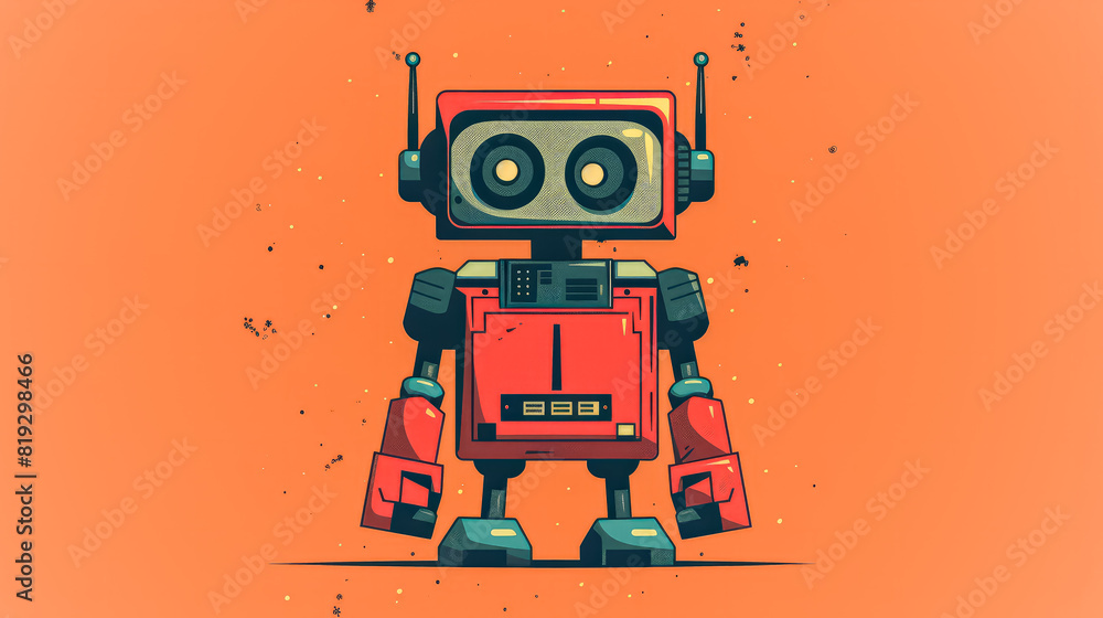 Poster a robot with a smile on its face stands on a blue background. the robot is orange and has two ears a