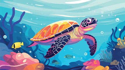 Vector illustration of a turtle swimming next to fi