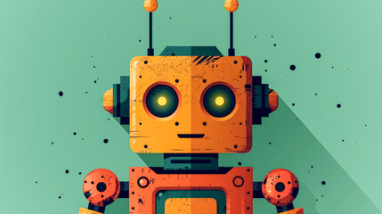 A robot with a yellow face and orange body is standing on a green background. The robot has a creepy, menacing look to it, and the overall mood of the image is dark and unsettling