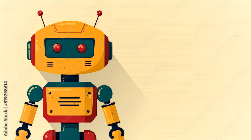 Poster a robot with a smile on its face stands on a blue background. the robot is orange and has two ears a