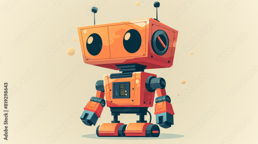 Poster a robot with a smile on its face stands on a blue background. the robot is orange and has two ears a