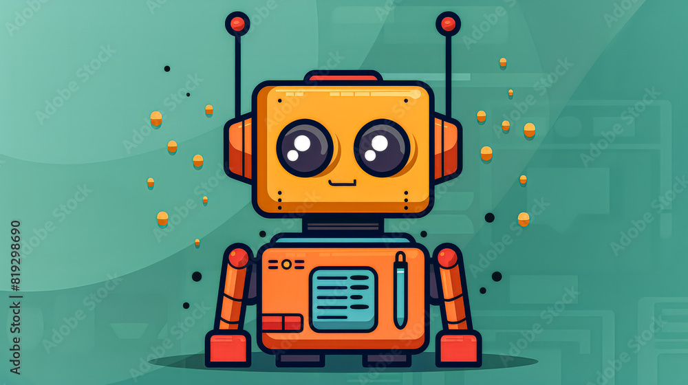 Poster a robot with a smile on its face stands on a blue background. the robot is orange and has two ears a