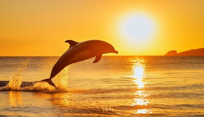 夕日に舞うイルカの優雅な跳躍 - 黄金に煌めく海原の至福のひととき