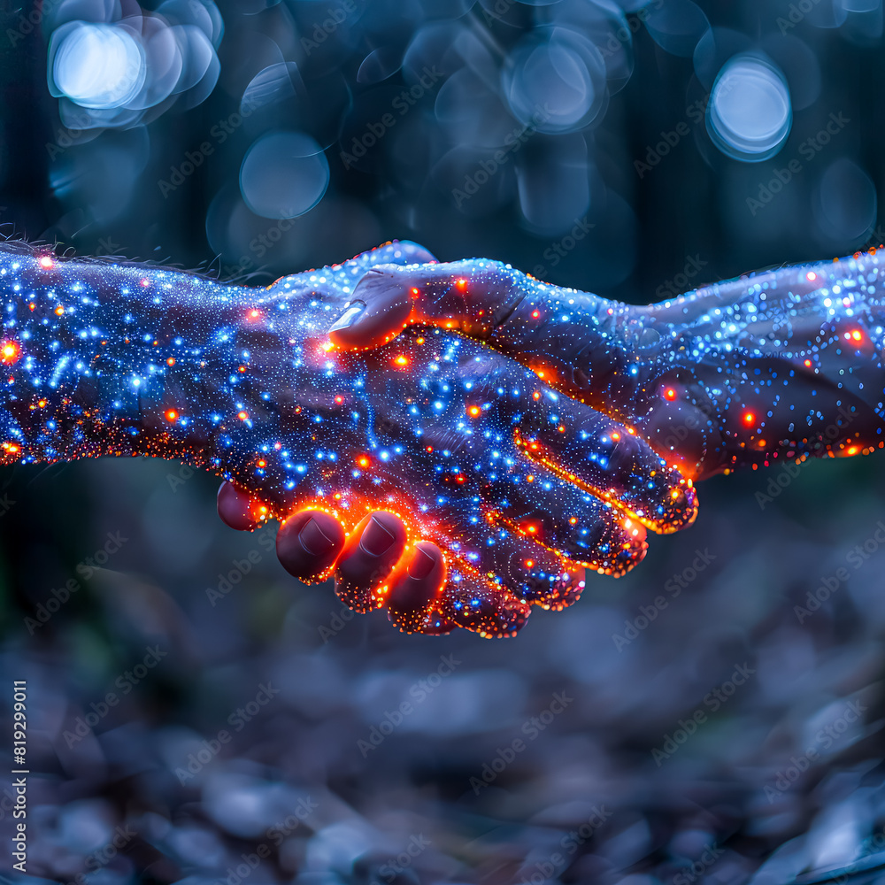 Poster two hands shaking in a digital image. concept of connection and trust between the two people