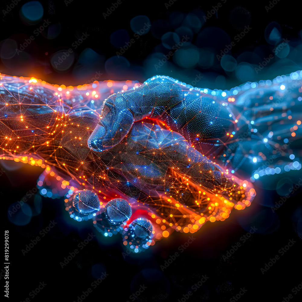 Poster two hands shaking in a digital image. concept of connection and trust between the two people