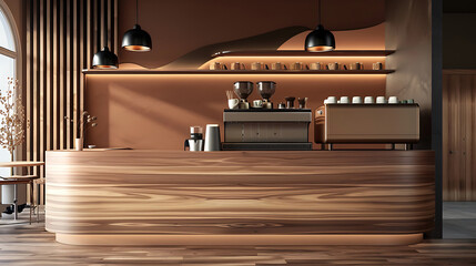 Empty wooden table mockup in the cafe. Interior design of coffee shop with wood cashier desk.