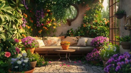 A cozy patio nook with a built-in bench, soft cushions, and a small table surrounded by pots of blooming flowers and lush foliage. - Powered by Adobe