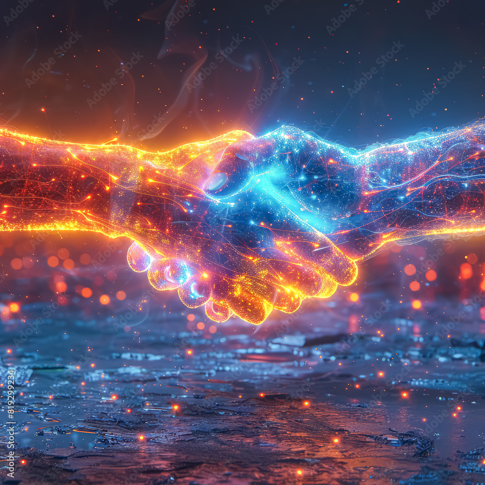 Poster two hands shaking in a digital image. concept of connection and trust between the two people