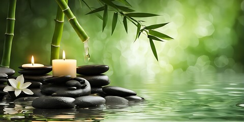 "Tranquil Spa Oasis: Serene Setting with Candles, Flowing Water, and Lush Green Bamboo Background, Zen Style Ambiance"