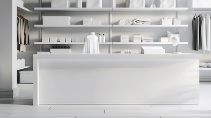 Empty white cashier desk mockup in a clothing store. Bright and fashionable apparel store interior design.