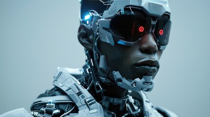 Realistic portrait of a sci-fi cyberpunk warrior in a cyber suit. High-tech futuristic man from the future