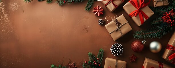 Christmas and New Year gifts on a brown background with copy space, top view. Flat lay. Christmas concept banner design with copy space in the style of various artists.